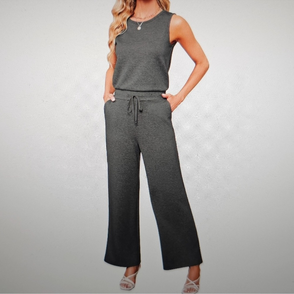 Sarin Matthew's Gray Jumpsuit Large Sleeveless Wide Leg Drawstring XL NEW
